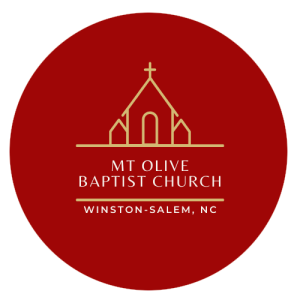 Mt. Olive Baptist Church logo with gold church outline and text on a red background.
